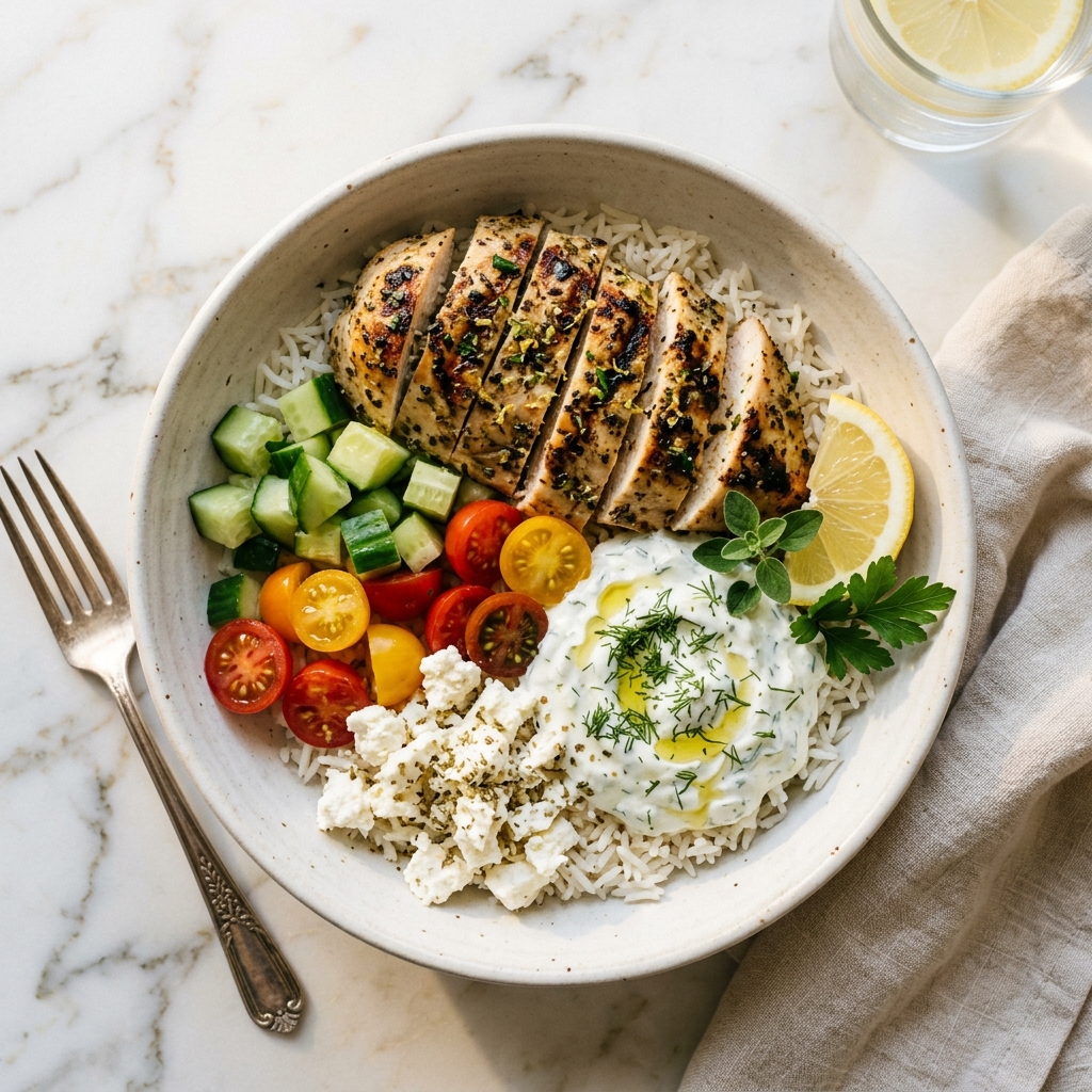 Greek Lemon Chicken Rice Bowl with Feta